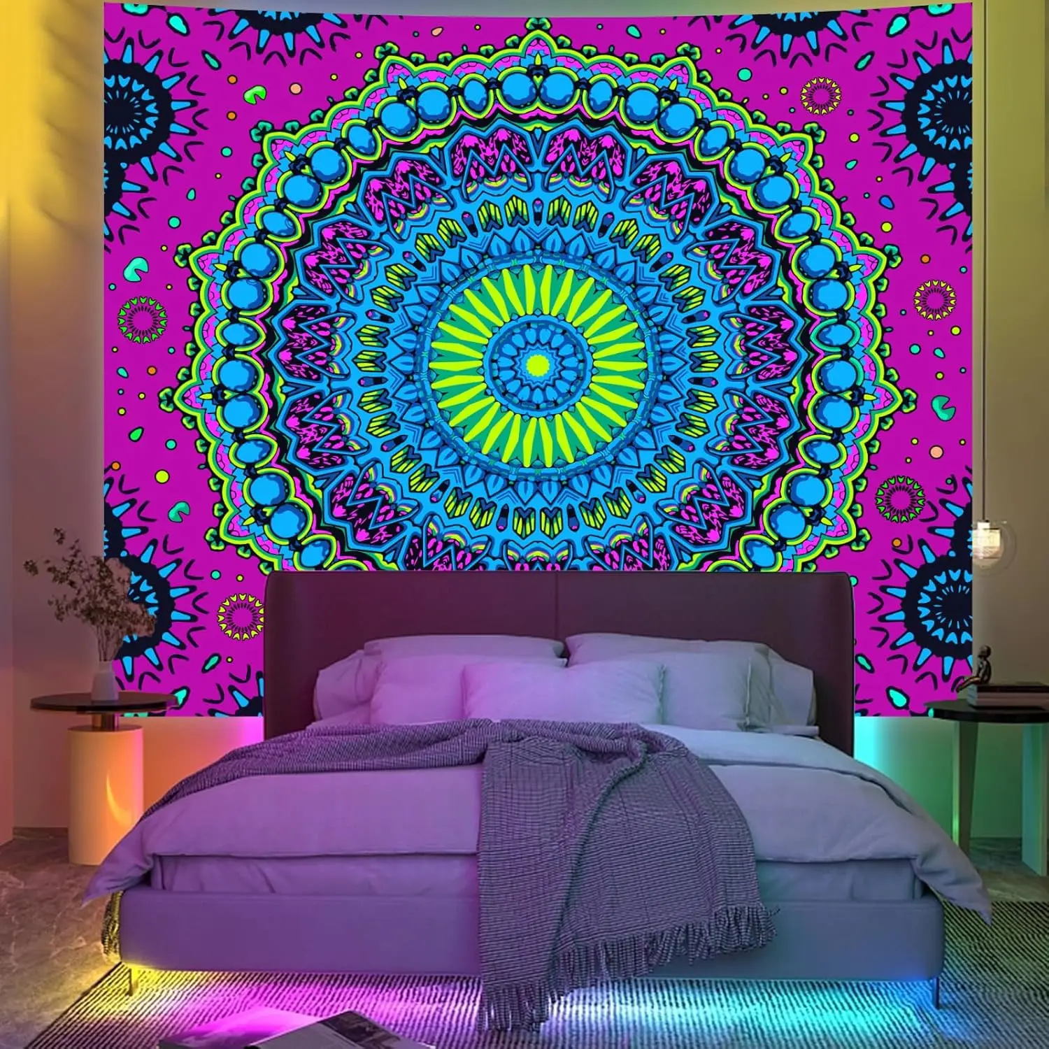 

Blacklight Mandala Tapestry for Bedroom, Black Light Hippie Bohemian Posters Wall Hanging Aesthetic, Neon UV Reactive Purple