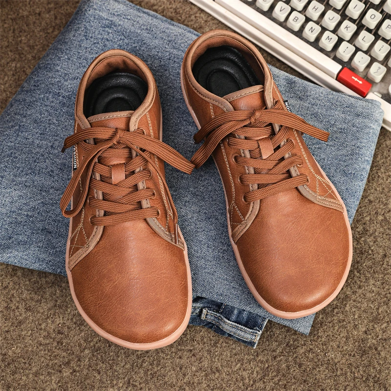 Wide Toe Barefoot Shoes Leather Casual Shoes Men Sneakers Outdoor Lace Up Business Walking Shoes Breathable Flat Size 37-48