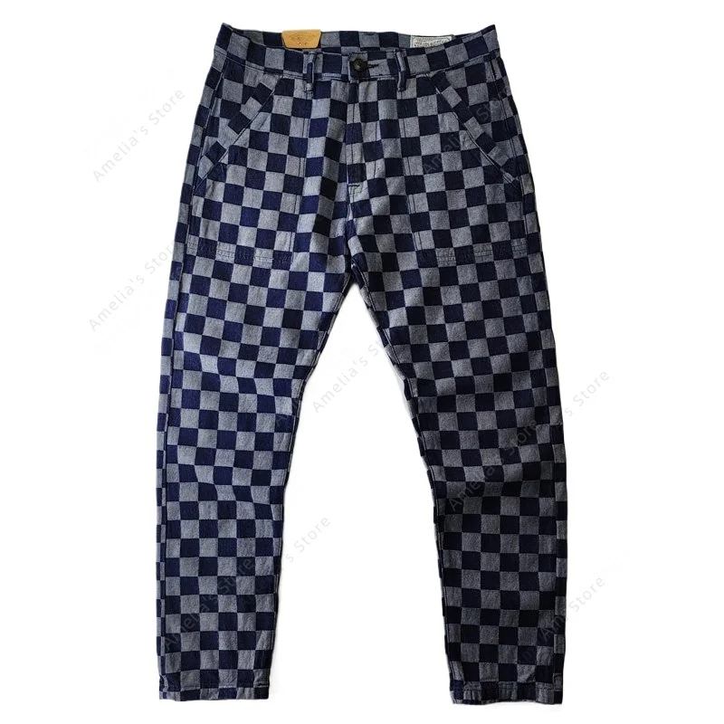 

Men's Vintage Checkerboard Plaid Cargo Pants Amekaji Denim Trousers Workwear Straight Slim Fit Jeans Spring Autumn Inelastic