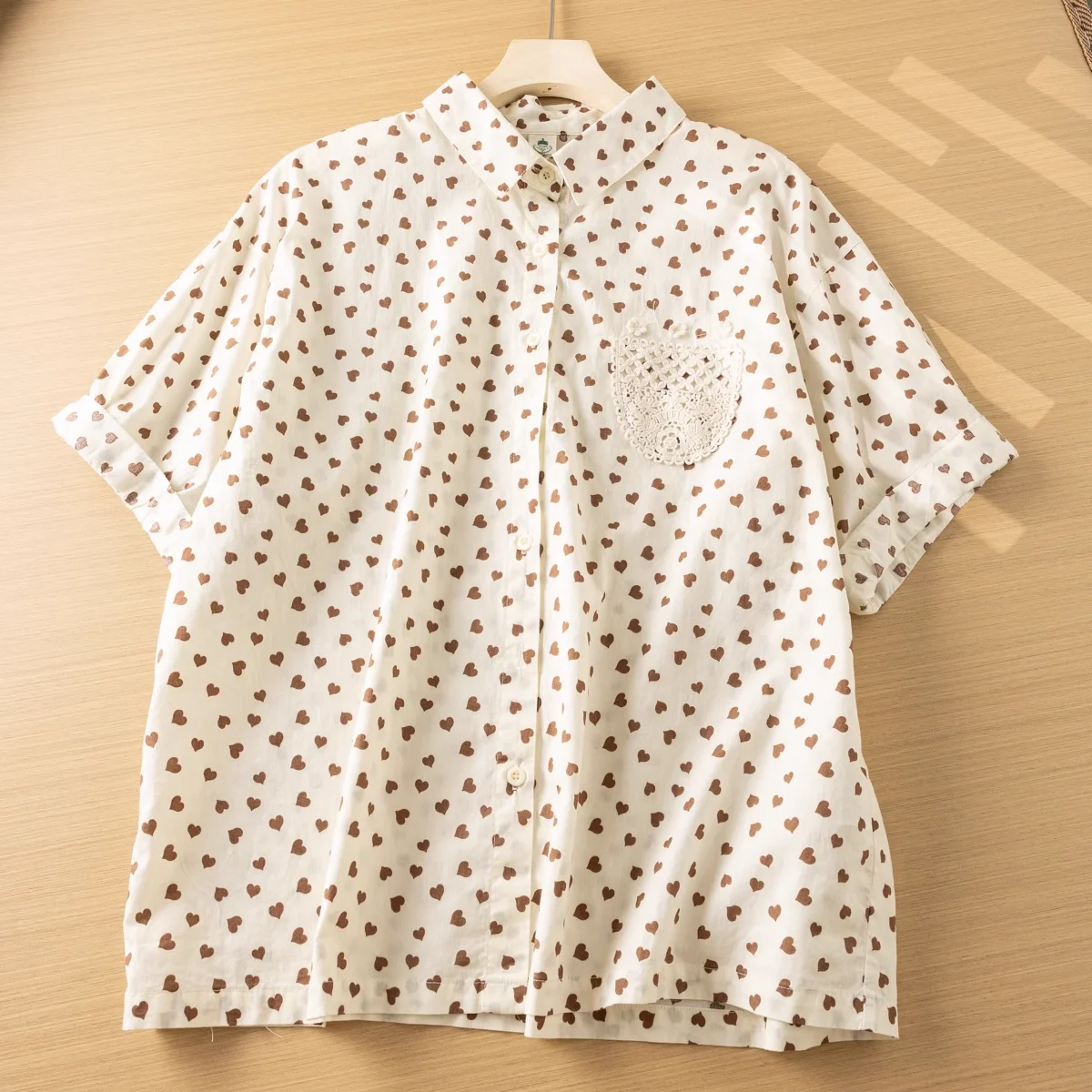 Aesthetic women's blouses Japanese style cotton heart shape printed shirt woman novelty 2024 short sleeve crocheted pocket patch