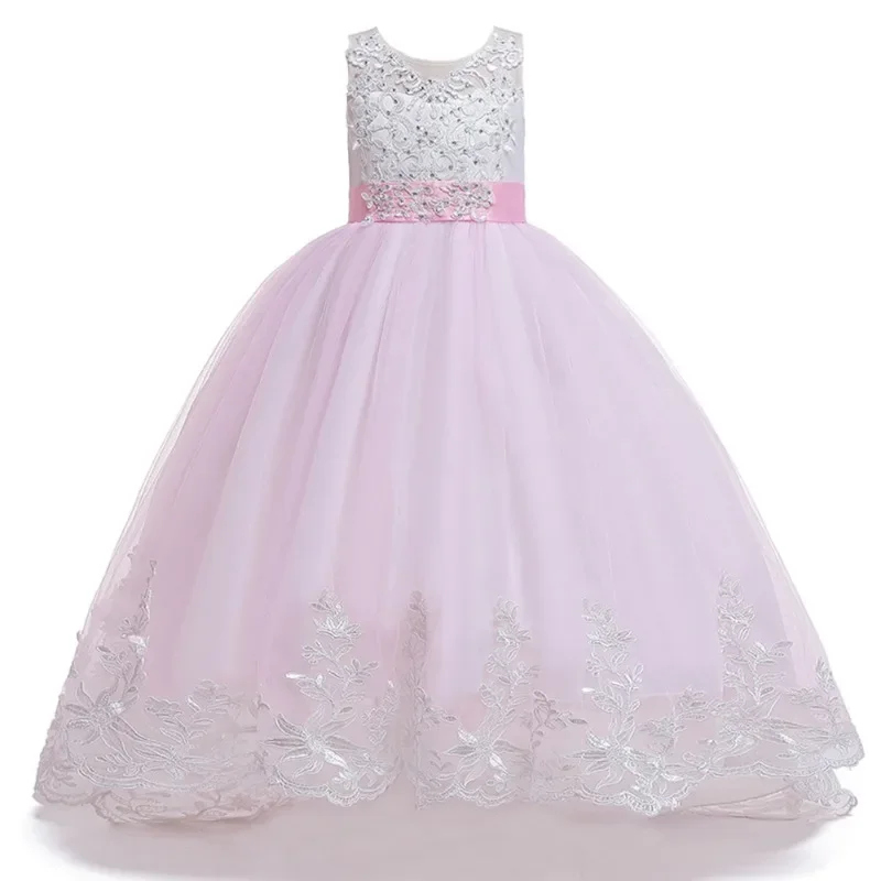 Robe de soirée en maille pour enfants, tenue de soirée longue, princesse, dentelle, traîne, ligne A, mariage