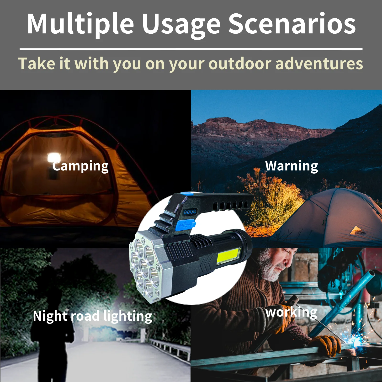 WARSUN DC828 Dual Light Source Portable Spotlight, 400LM Rechargeable Flashlight With 7 LED Beads, 4 Lighting Modes For Outdoor