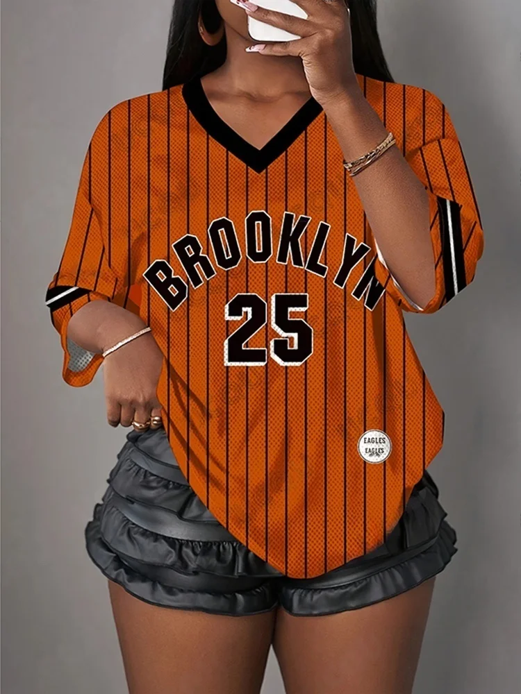 Sommer-T-Shirt für Damen und Kinder, V-Ausschnitt, Kurzarm, gestreift, Brooklyn Nr. 25 Print, Sport-Oberteil, lässiges Fußballtrikot, Y2k-T-Shirt – Detail 9