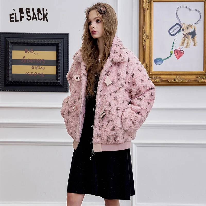 ELFSACK 2024 Winter New Arrivals Sweet cool pink leopard print thick coat for women