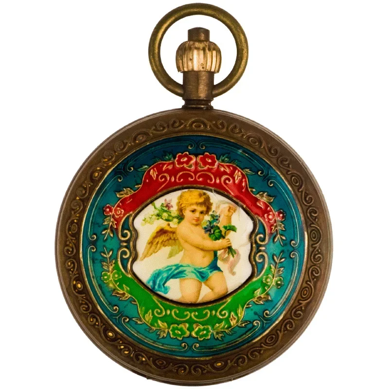 حركة الشمس والقمر والنجوم الملاك البرونزي مزدوجة مفتوحة الوجه دليل ساعة الجيب الميكانيكية العتيقة الكنز التذكاري الرجل العجوز