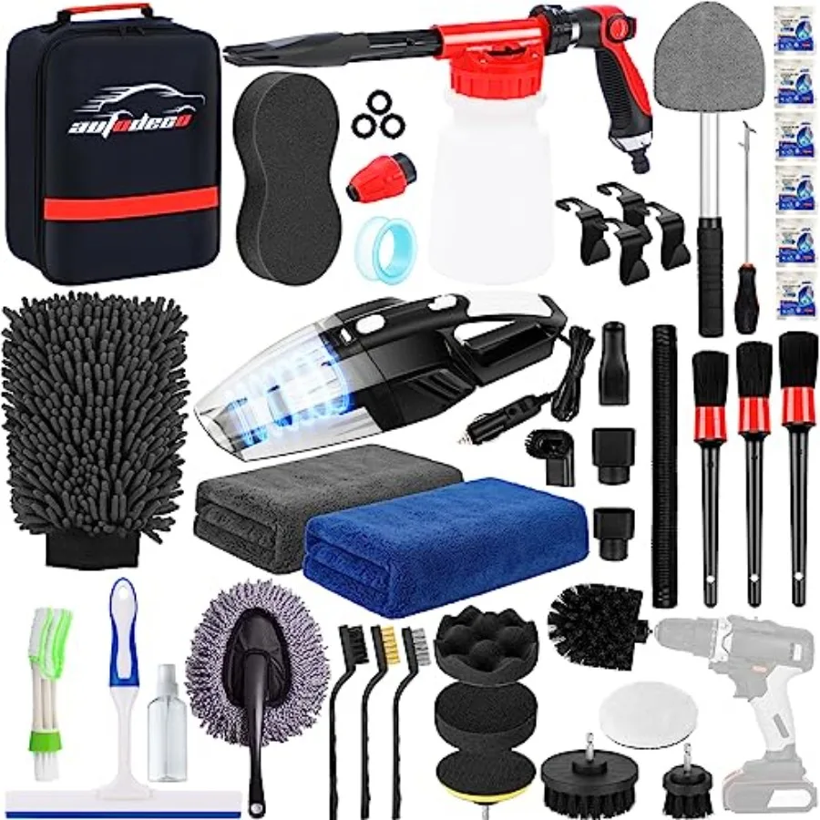 

Car wash detailing kit for interior and exterior use black foam gun sprayer vacuum with long cord drill brush large wash mitt t