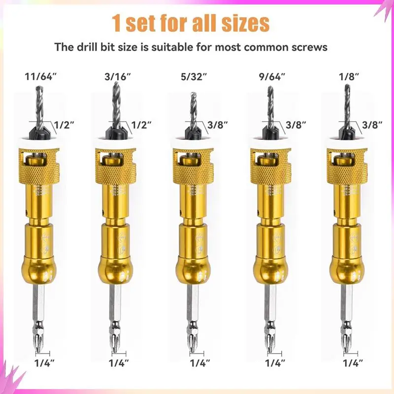

B50C 5Pcs Countersink Drill Bit Set With 1/4In Release Hexshank,Adjustable Woodworking Drill Bit Set For Carpentry Screw Hole