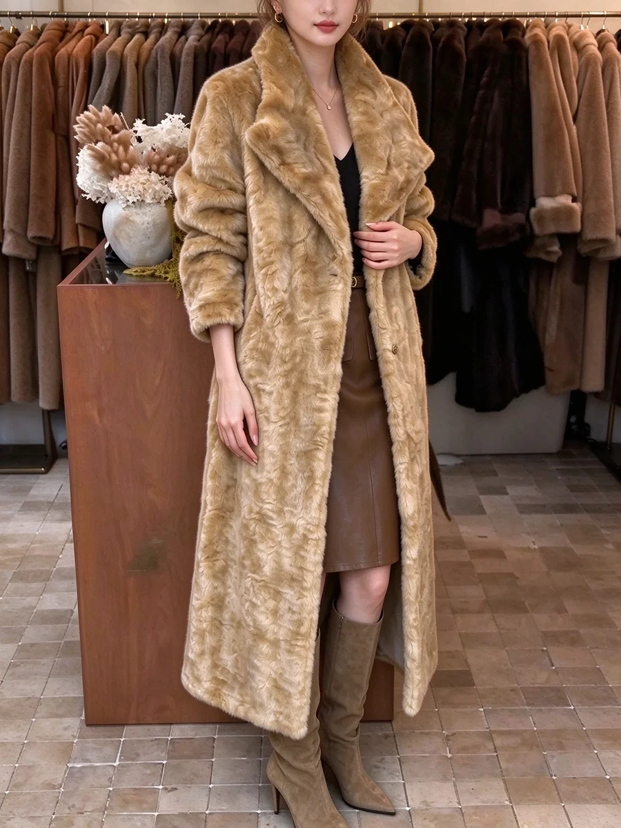 Women Long Faux Fur Coat Lapel Collar With Belt Elegant Beige Plush Winter Overcoat Slim Luxury Warm Outerwear