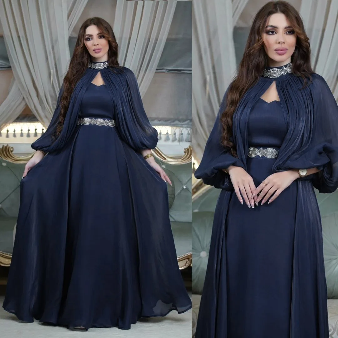 Middle Eastern Muslim Women\'s Two-piece Dresses Diamond Fashion Satin Robe Abaya Long Sleeves Shawl Elegant Evening Gowns