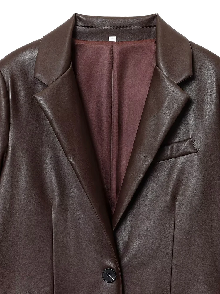 Giacca da abito in similpelle diritta semplice con temperamento casual retrò da donna europea e americana autunno 2025