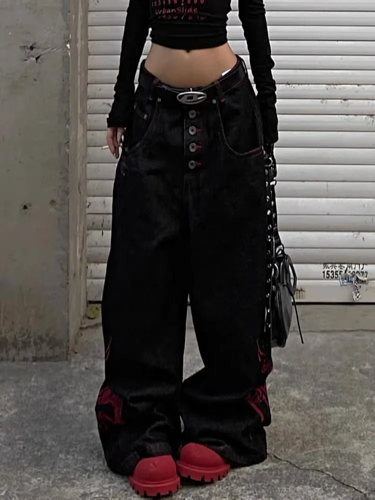 

Heavy Industry Red Dragon Embroidery Knife Wide Leg Jeans Women's Spring New American Street Small Design Sense
