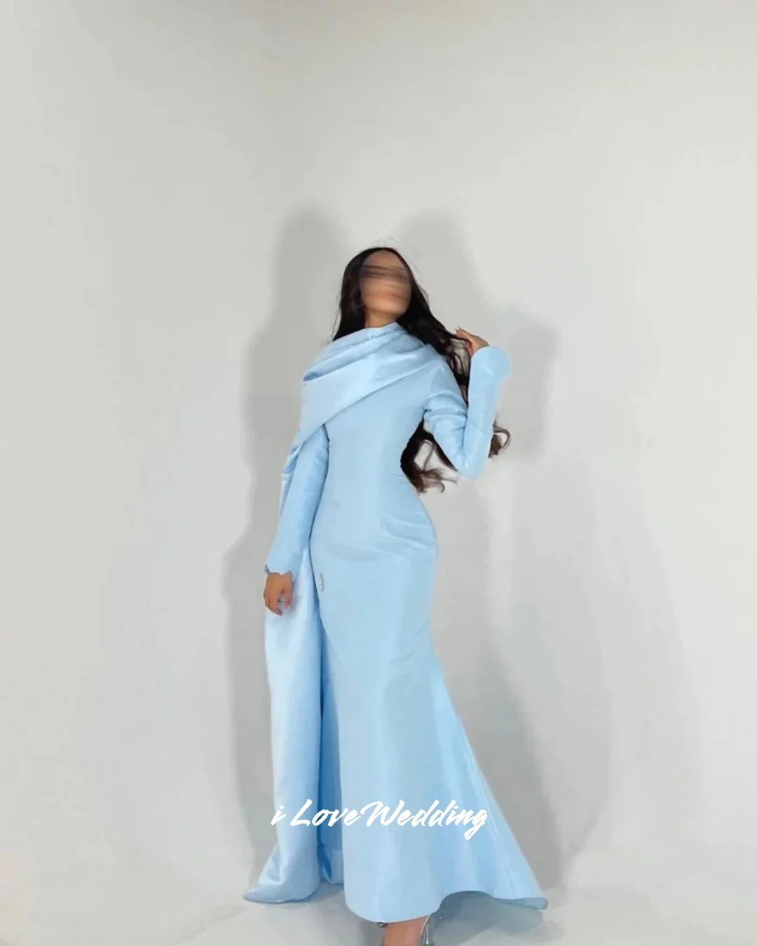 

Blue Long Sleeve Evening Dresses 2025 Satin O-Neck Pleated Shawl Mermaid Ankle-Length vestidos. para. mujeres boda Customized