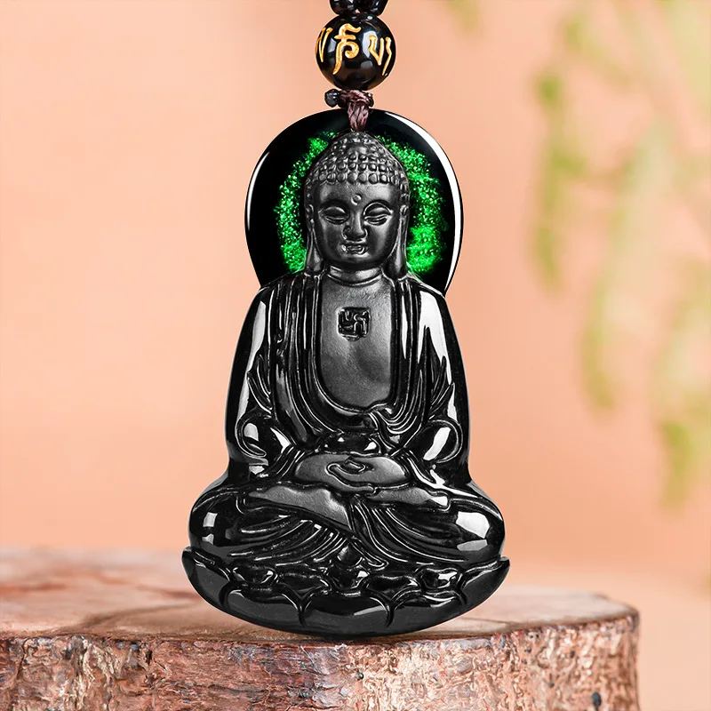 Jia Le/ Hand-carved/ Natural Mo Cui Jade Amitabha Necklace Pendant Fine Jewelry Fashion Accessories Men and Women Couple Gifts