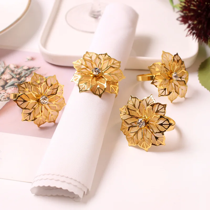 Anéis de guardanapo de metal floral rosa jantar festa de casamento favores festa de natal restaurante guardanapo anéis decoração de mesa 2025 novo