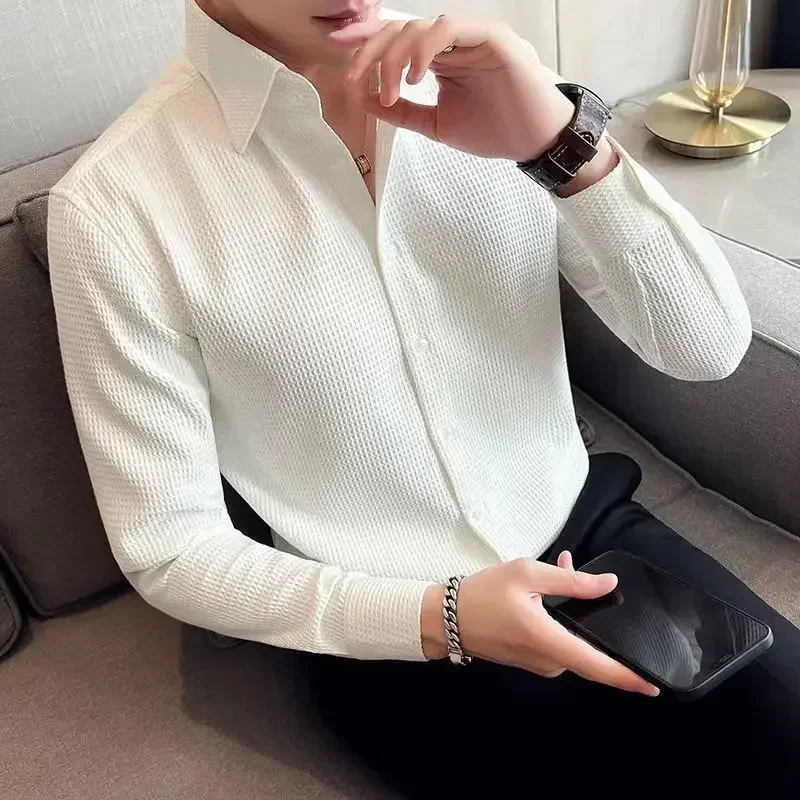 Male Shirts Green Plain Men\'s Shirt Business Waffle Designer Fashion 2024 Hipster Regular Elegant Slim Fit Cheap Brand Social I