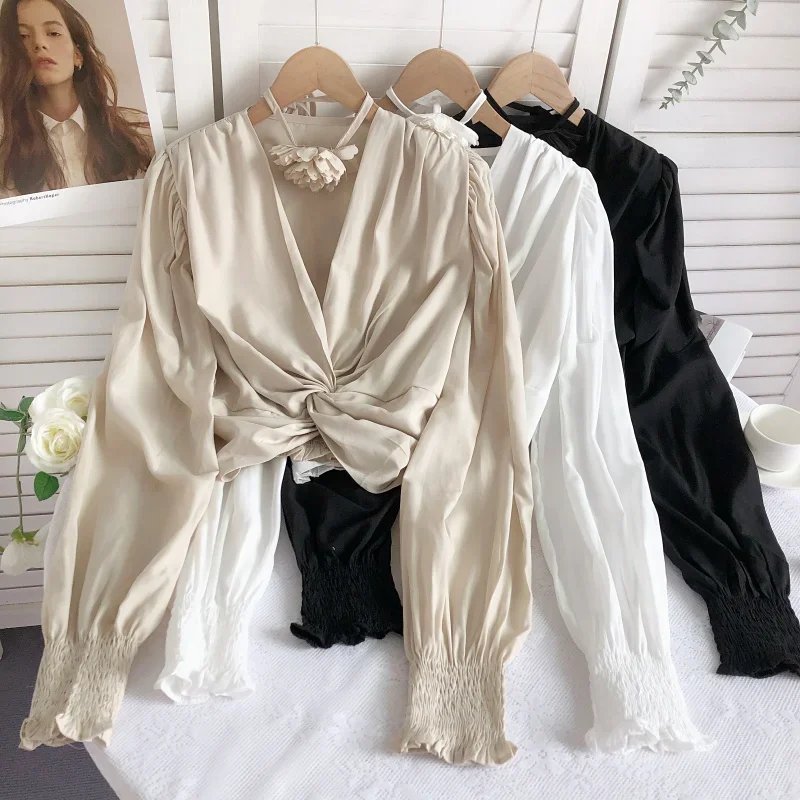 Chic Sweet Ruffle Twisted Pleated Long Sleeve Deep Deep V Neck Blouse Elegant French Fashion Sexy Shirt Spring Autumn Women Top