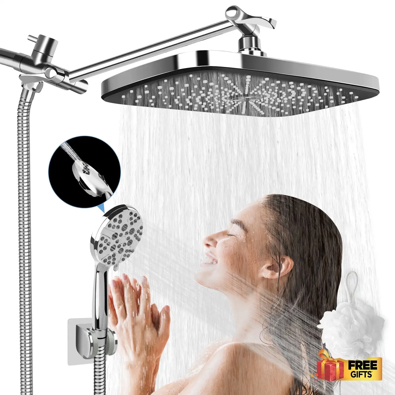 

Rain Shower Head Combo, High Pressure Rainfall & 7 Spray Handheld Shower Head, Chrome Shower Head Modern design