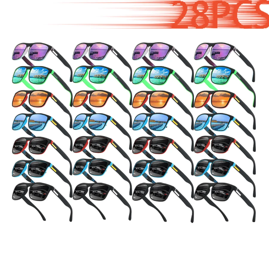 28PCS Vintage Classic Designer Square Sunglasses for Beach Camping Hiking Driving Fishing Colorful Stripe Design Unisex Eyewear