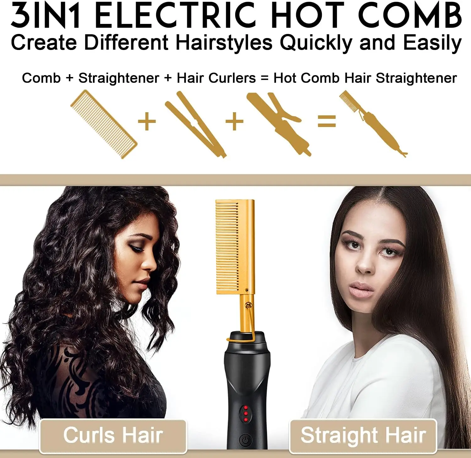 Ceramic Heating Hair Straightener Comb - Hot Pressing Brush for Natural Black Hair, Beard, Wigs, Curling, Gold - view 4