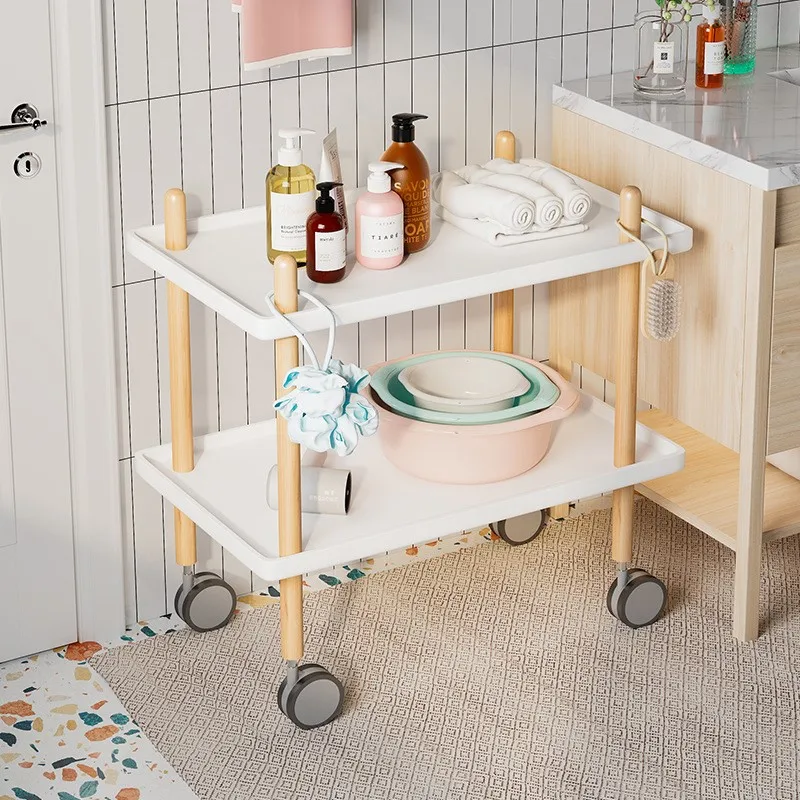 Nordic Style Mobile Trolley With Rollers Living Room 2 Layers Mobile Storage Rack Trolleys Multifunction Kitchen Solid Wood Cart