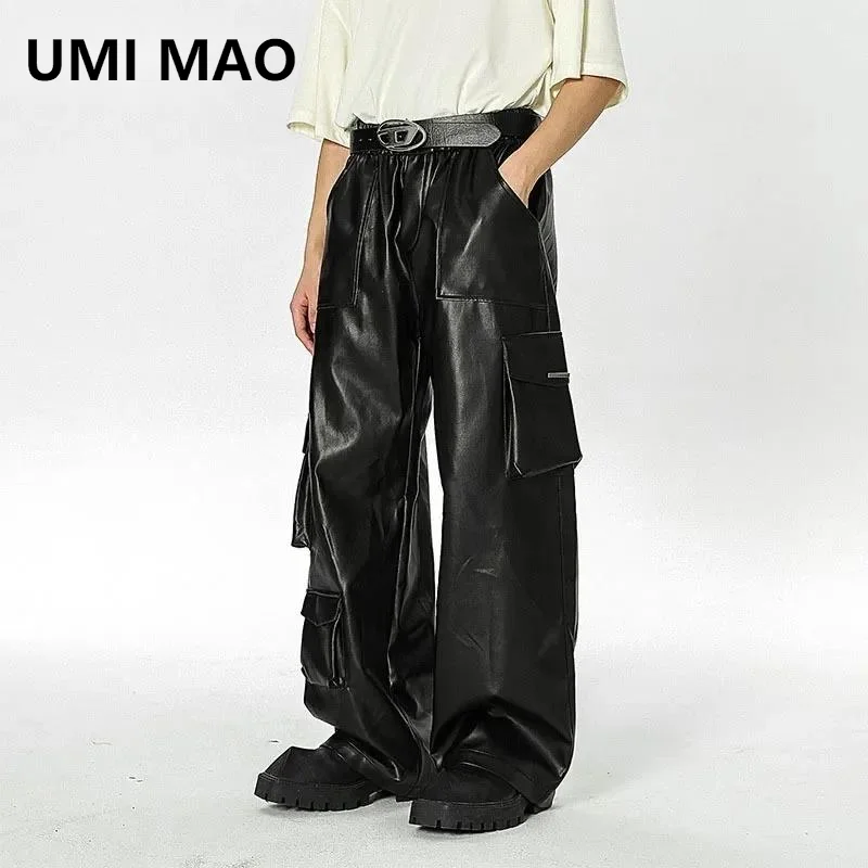 

UMI MAO Street Wear PU Leather Pants Men Loose Multi-Pocket Functional Style Straight Trousers Elastic Waist Autumn Fashion