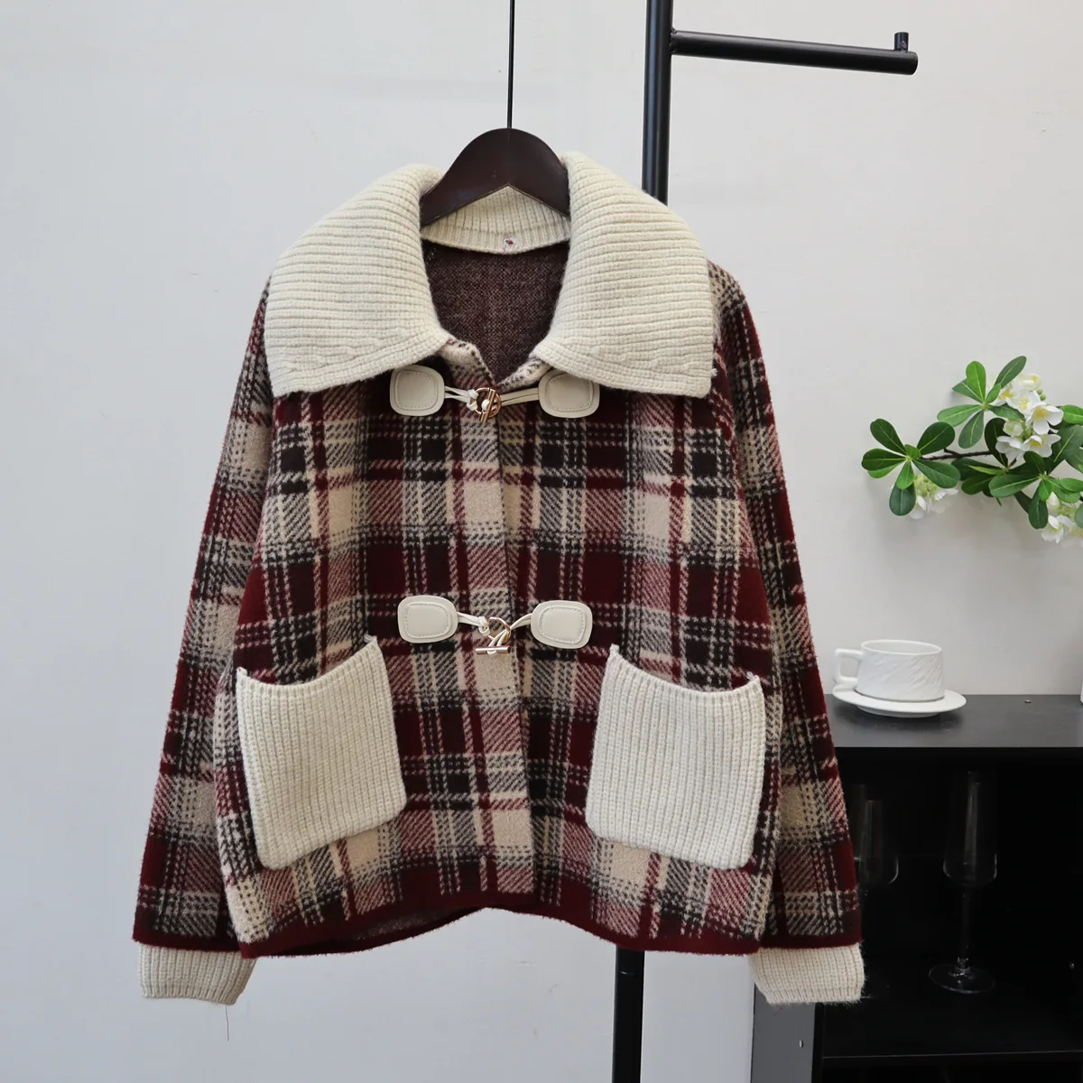 Cardigan Women Coats Sweaters Plaid Turn Down Collar Wool Coat Y2k Streetwear Elegant Splice Knit Open Stith Autumn Winter