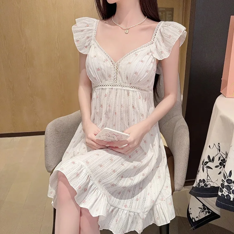 

Floral Floral Woven Cotton Pajamas with Breast Pads for Women Cute Girl Princess Nightgown That Can Be Worn As Home Clothes