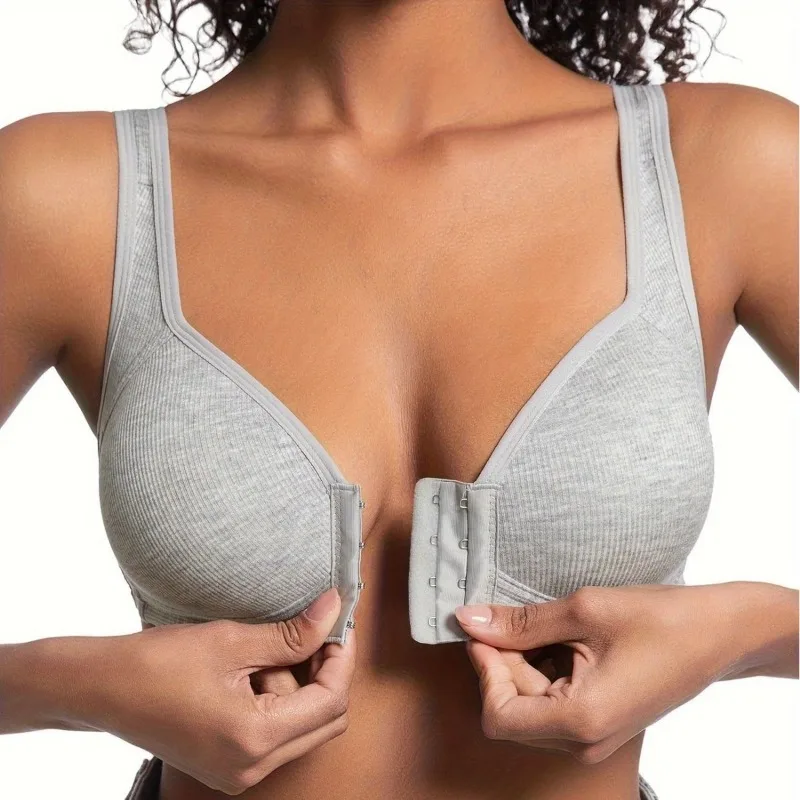 Sujetador de mujer sin aros con cierre frontal, color sólido, cobertura total, copas fijas, más consideradas para personas de mediana edad y mayores individuales