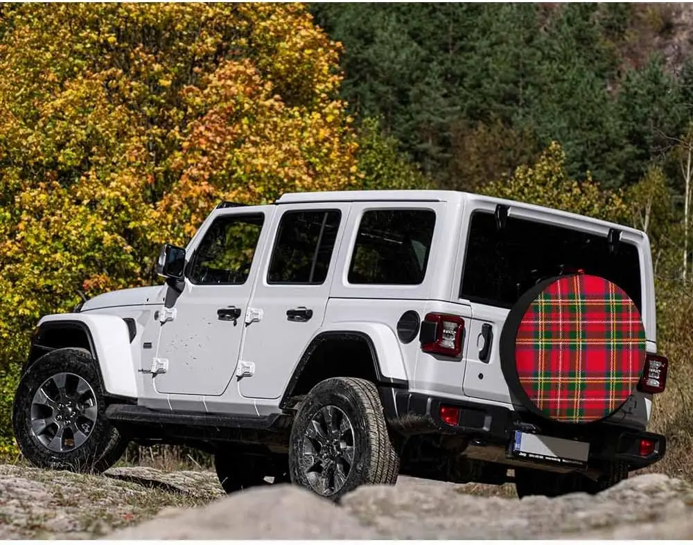 Tartan Plaid Spare Tire Cover Traditional Red Black Green Checkered Scottish Christmas New Year Weatherproof Wheel Protectors