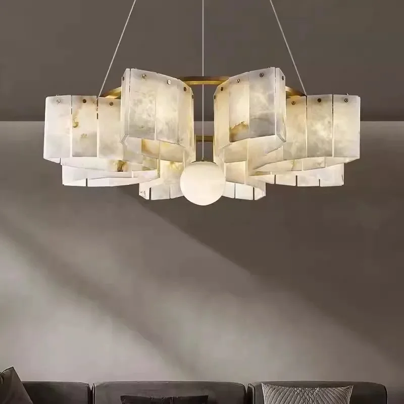 

French light luxury natural marble brass chandelier high-end chandelier suitable for villa living room dining room