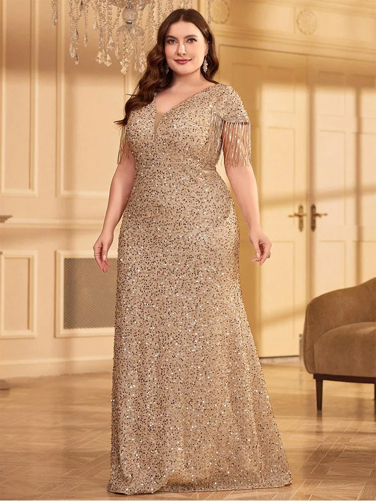 Plus Size Apricot Sequin Luxury Evening Dress 4XL 5XL Big Size Sparkling Prom Banquet Evening Dress Prom Gown 2024 Evening Dress