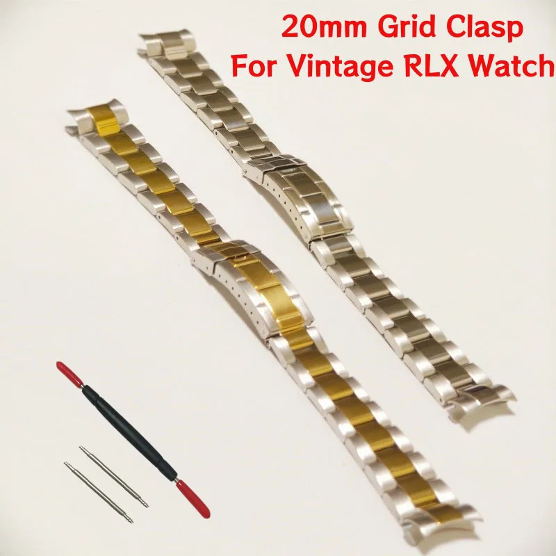 20mm Stainless Steel Vintage Grid Clasp Silver Gold Curved End Oyster Watch Band Strap Bracelet Fits for RLX Watch