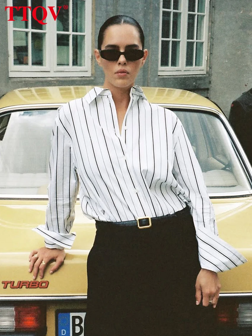 

TTQV Fashion Loose Stripe Office Women's Blouse 2026 Casual Lapel Long Sleeve Shirt Elegant Classic Top Female Clothing