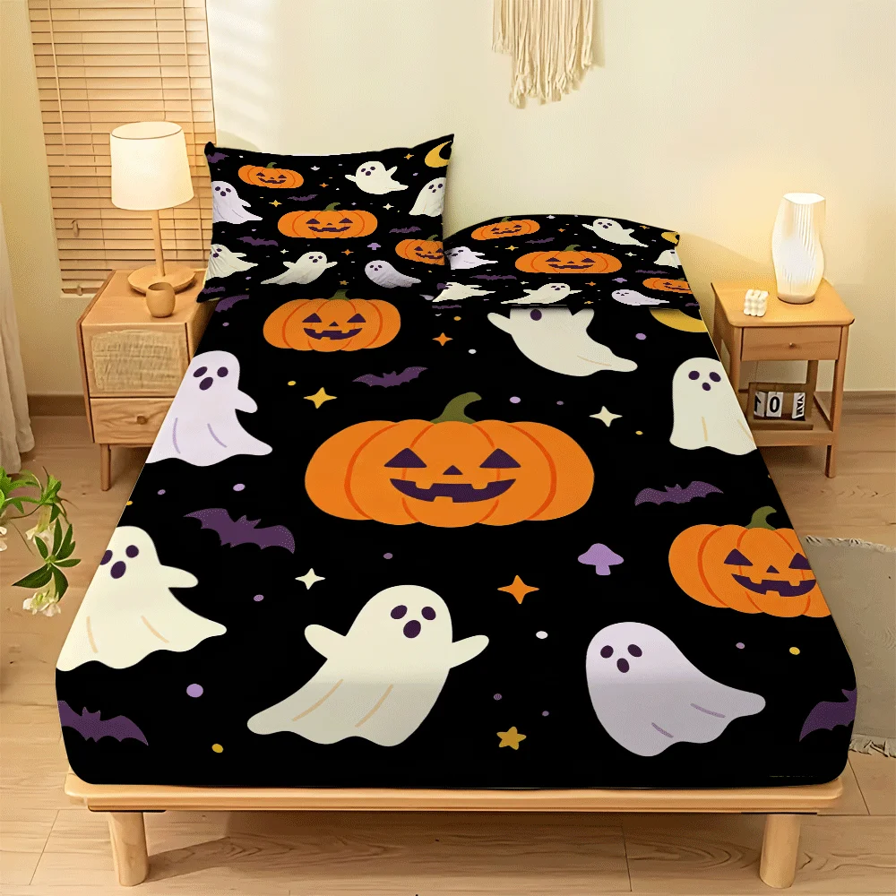 Halloween Three-Piece Classic Solid Color 2D Printed Bedding Set, Mattress Protector, Fitted Sheet with Elastic Band, Protective Cover, 2D Flat Printing, Mattress Protector, Pumpkin Ghost Design, Suitable for All Seasons, Machine Washable, Holiday Decoration, Various Sizes, Breathable Protective Cover with Pillowcase