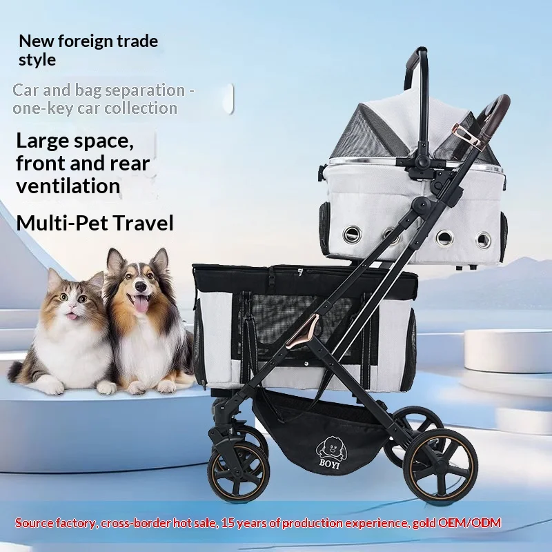 Medium-sized Double-layer Foldable Muti-Pet Travel Stroller For Cats/dogs Portable Outdoor Use