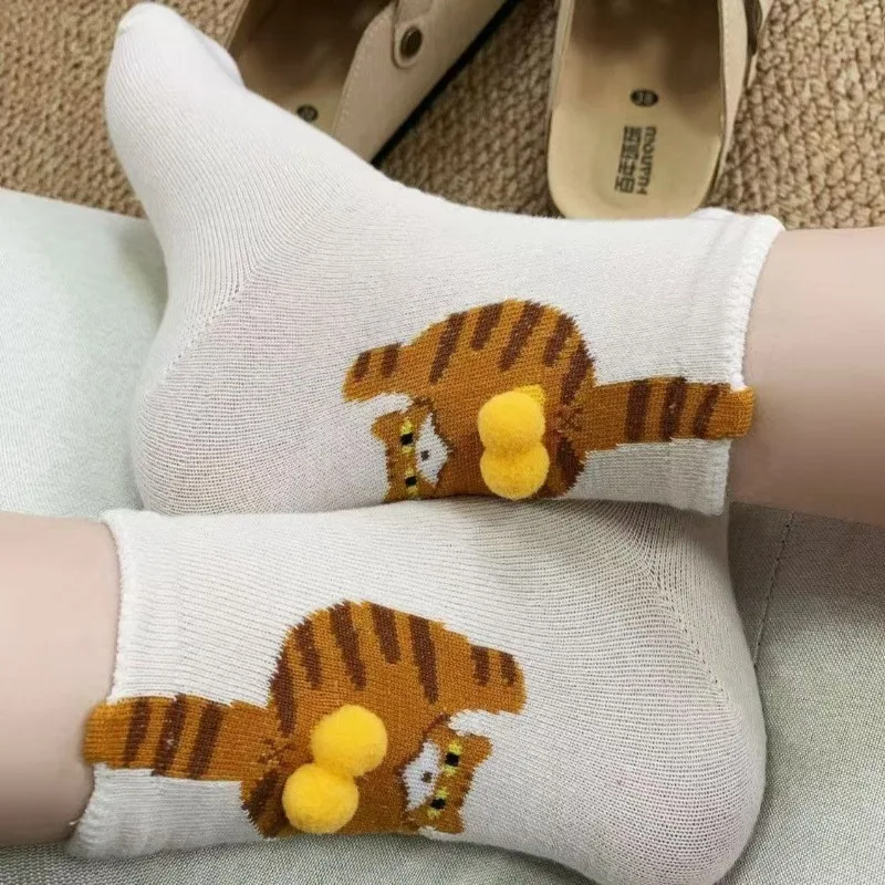 1-10Pairs 3D Cat Print Mid Calf Socks for Women with Tail Soft Cotton Breathable Trendy Casual Party Daily Birthday Gift