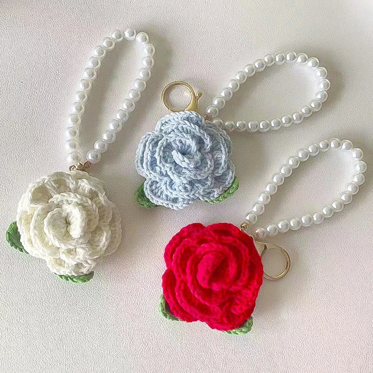 Crochet Rose Camellia Keychains - Imitation Pearl Chain, Elegant Accessory for Women & Girls, Charming Bag Decor & Gift Idea