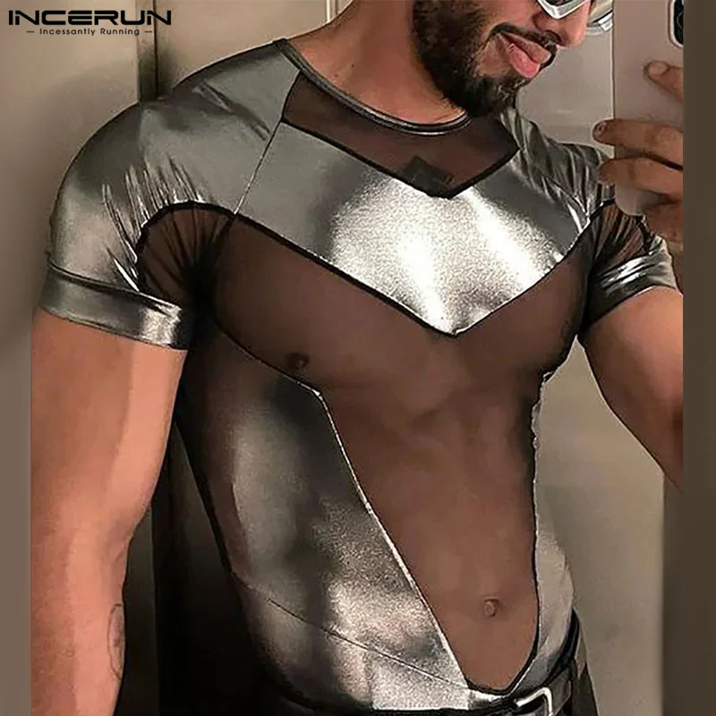 2024 Men\'s Bodysuits Mesh Patchwork Shiny Transparent O-neck Short Sleeve Male Rompers Streetwear Fashion Bodysuit S-3XL INCERUN