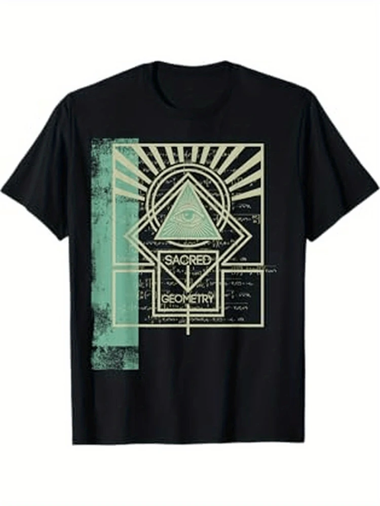 Illuminati All-Seeing Eye Graphic with Sacred Geometry Design-100% cotton O-neck short sleeve casual printed men's T-shirt.