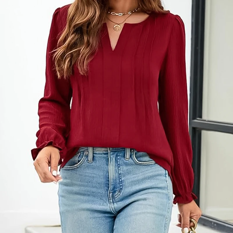 European and American Women\'s Chiffon Blouse Fashion Elegant V-neck Long Sleeved Casual Solid Color Basic Shirt Top S-XXL