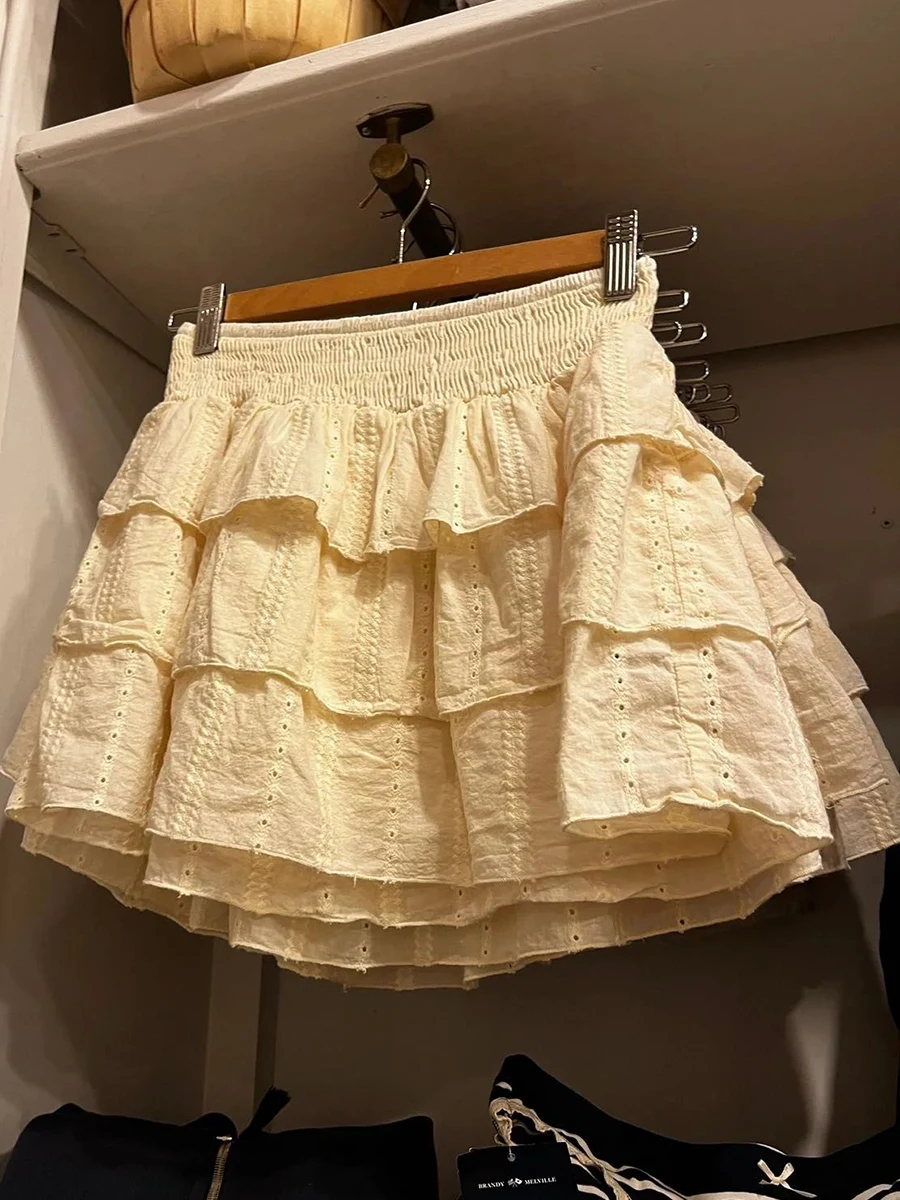 Vintage Hollow Out Beige Mini Skirts Summer Elastic High Waist A-line Short Faldas Women Solid Ruffles Sweet Balletcore Skirts