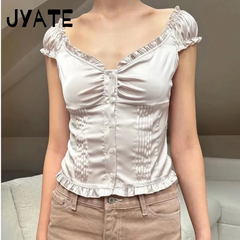 Elegant Pink Ruffle Satin Slim T-Shirt Blouse Women Summer Sexy V Neck Cotton Puff Sleeve Tees Sweet Girls Buttons Crop Top Y2K
