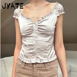 Elegant Pink Ruffle Satin Slim T-Shirt Blouse Women Summer Sexy V Neck Cotton Puff Sleeve Tees Sweet Girls Buttons Crop Top Y2K