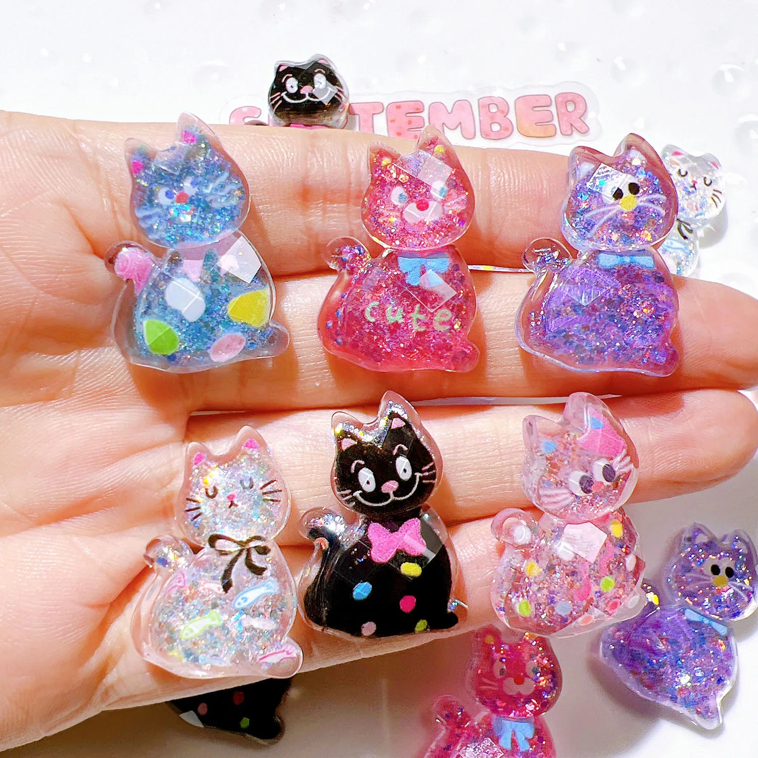 10PCS New Resin Cute Cartoon Shining Cat Series Flat Back Cabochon Home Decor DIY Scrapbook Crafts Jewelry Accessories