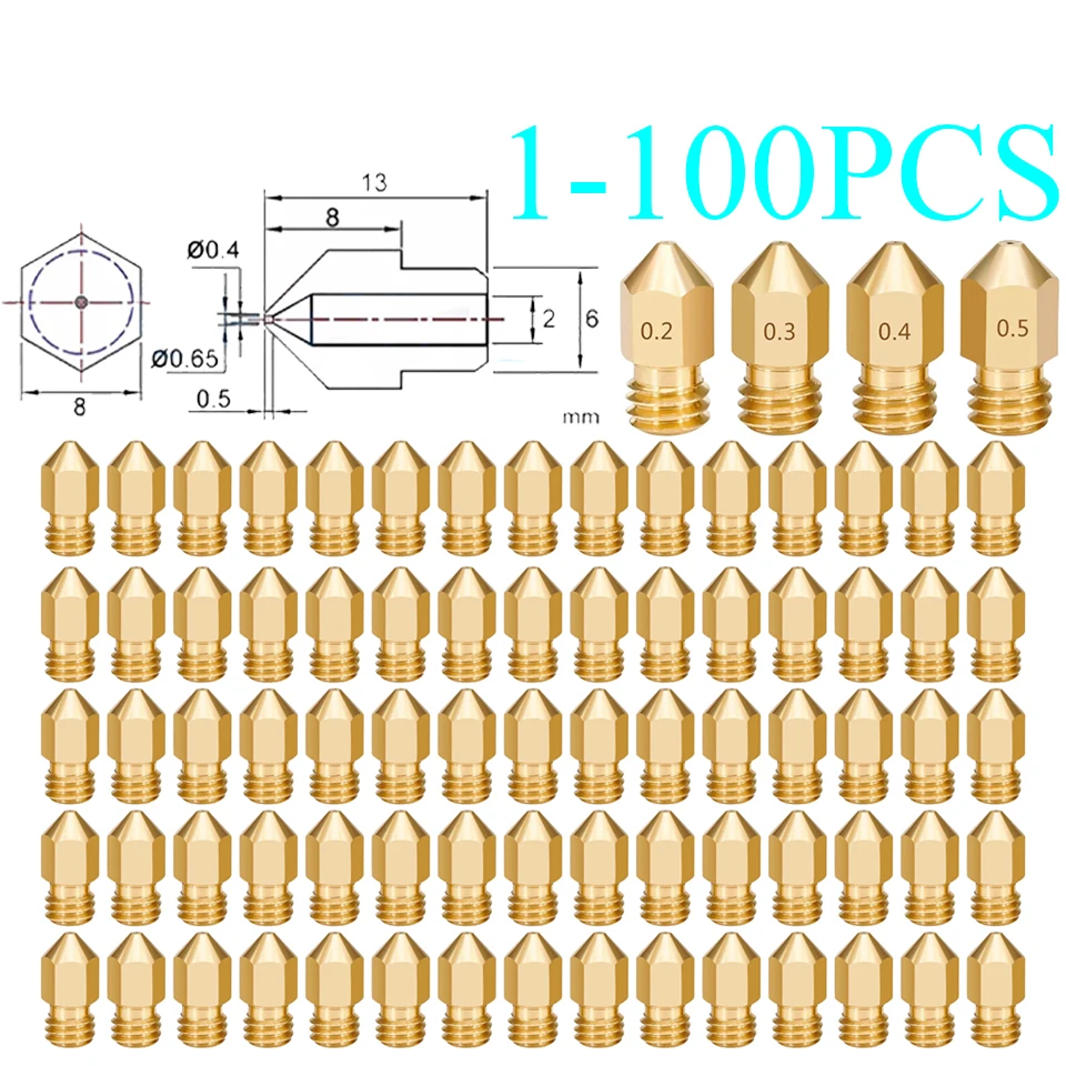 

1-100 шт. набор латунных насадок для 3D-принтера 0,2/0,3/0,4/0,5/0,6/0,8 мм для нити 1,75 мм MK8 M6 Hotend