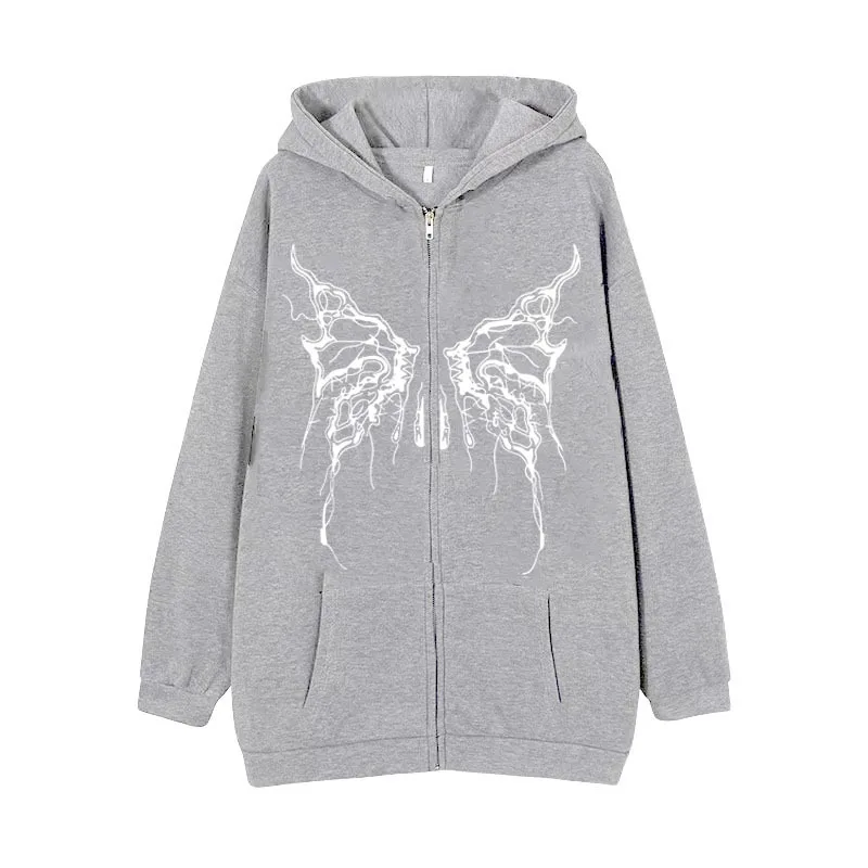 2025 Nowa damska bluza z kapturem Y2k Harajuku Jesienna gotycka bluza z nadrukiem motyla Para Bluza z kapturem z długim rękawem i zamkiem błyskawicznym Płaszcz wierzchni z kieszenią