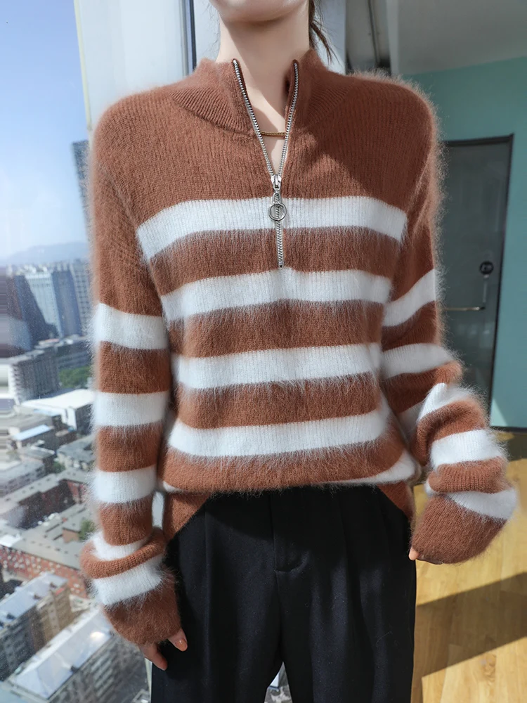 New Women’s Mock Neck Zippers Sweater Pullovers 100% Mink Cashmere Knitwear Thick Color Blocking Style Striped Chic Clothing Top