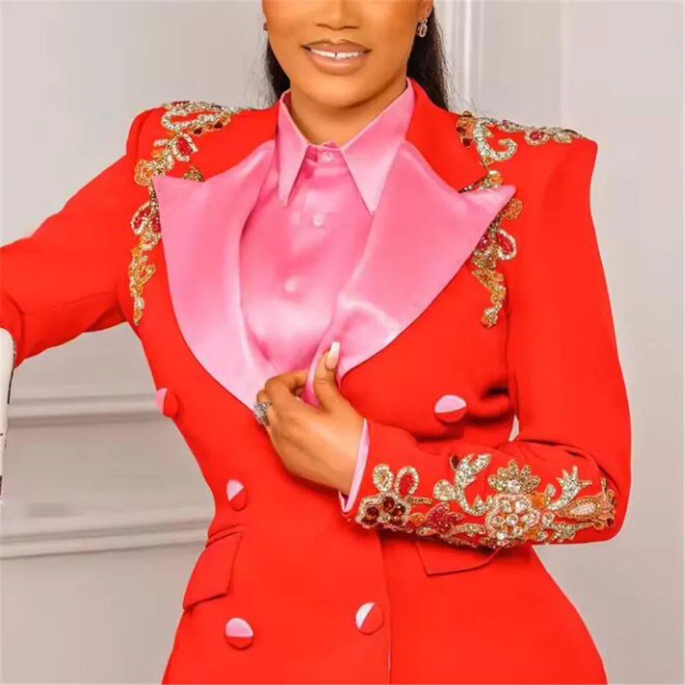 Exquisite Crystals Beaded Women Suits 2 Pieces Sets Customized Double Breasted Lady Prom Tuxedo Bride's Mother Reception Dresses