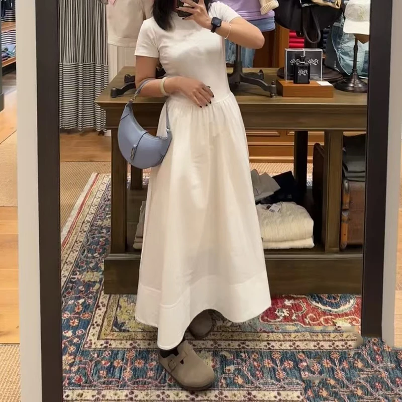 Damesjurk met ronde hals en korte mouwen, gesplitste slanke taille T-shirt lange jurk, hoogwaardige katoenen jurk, zomer, nieuw, 2025