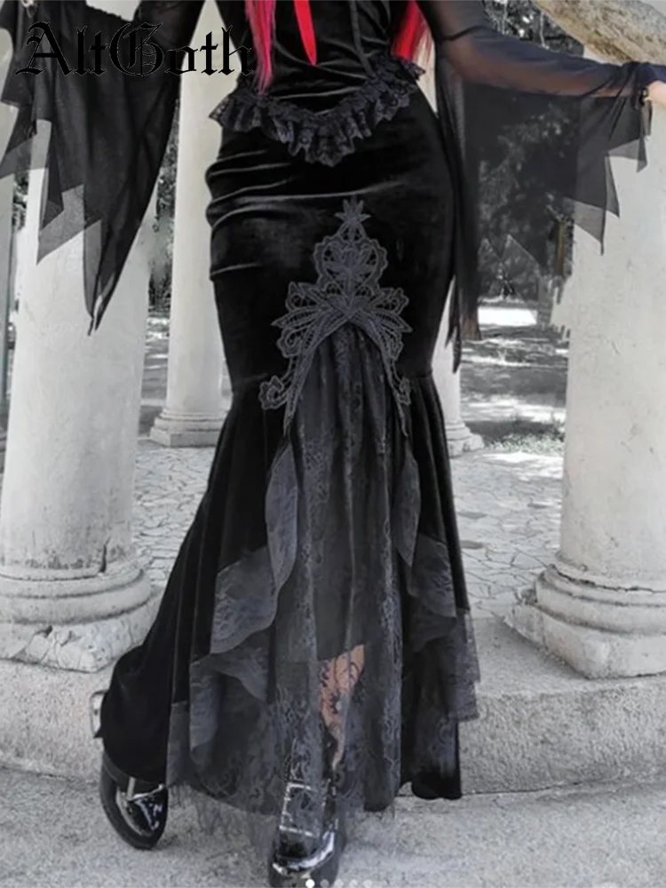 

AltGoth Vintage Gothic Dark Velvet Dress Women Fairycore Grunge Lace Patchwork Trumpet Skirt Streetwear Partywear Emo Alt Skirts